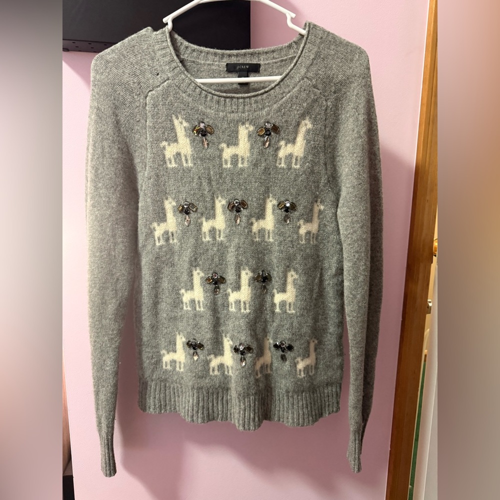 J. Crew Gray Sweater with Llama and Embellishments